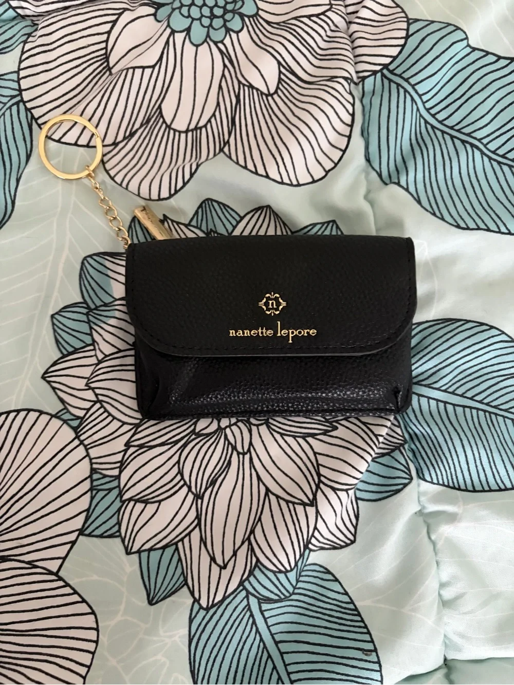 Nanette Lepore Black Leather Key Ring Card Case with Gold Hardware